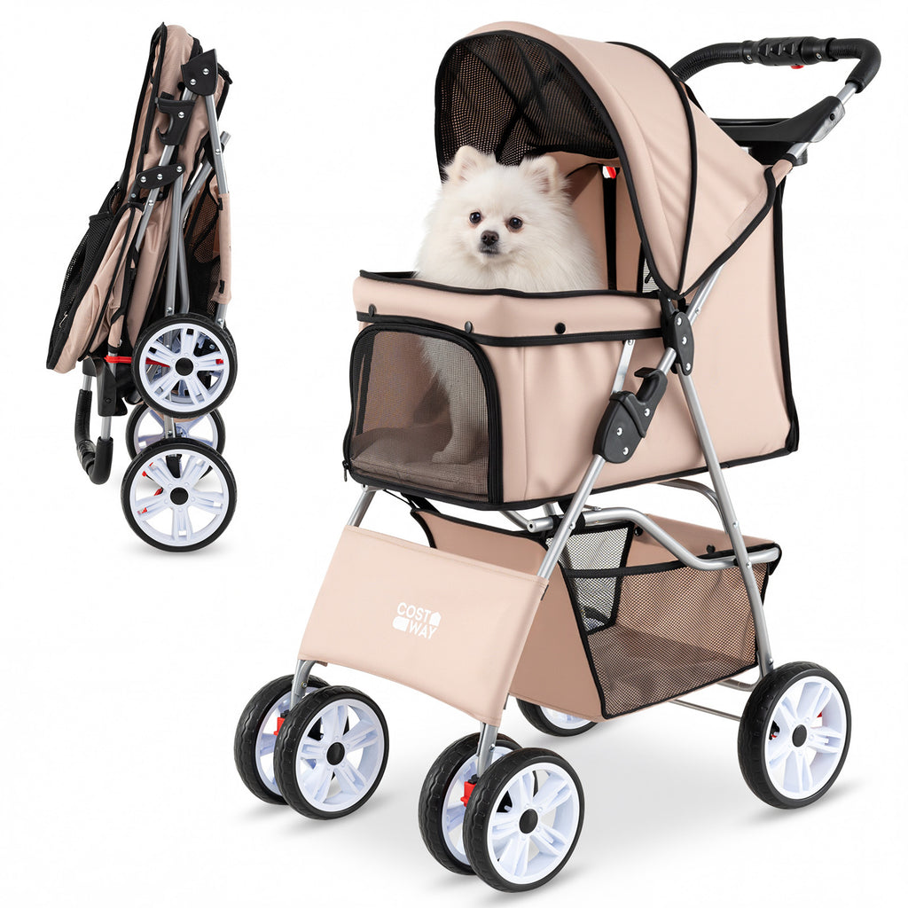 4-Wheel Pet Foldable Stroller with Breathable Mesh for Small Dogs Cats up to 15 KG-