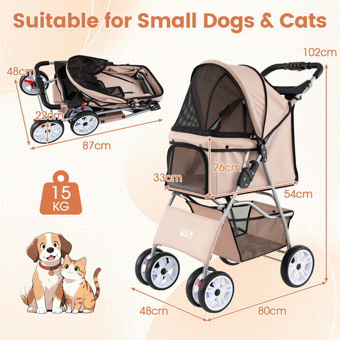 4-Wheel Pet Foldable Stroller with Breathable Mesh for Small Dogs Cats up to 15 KG-