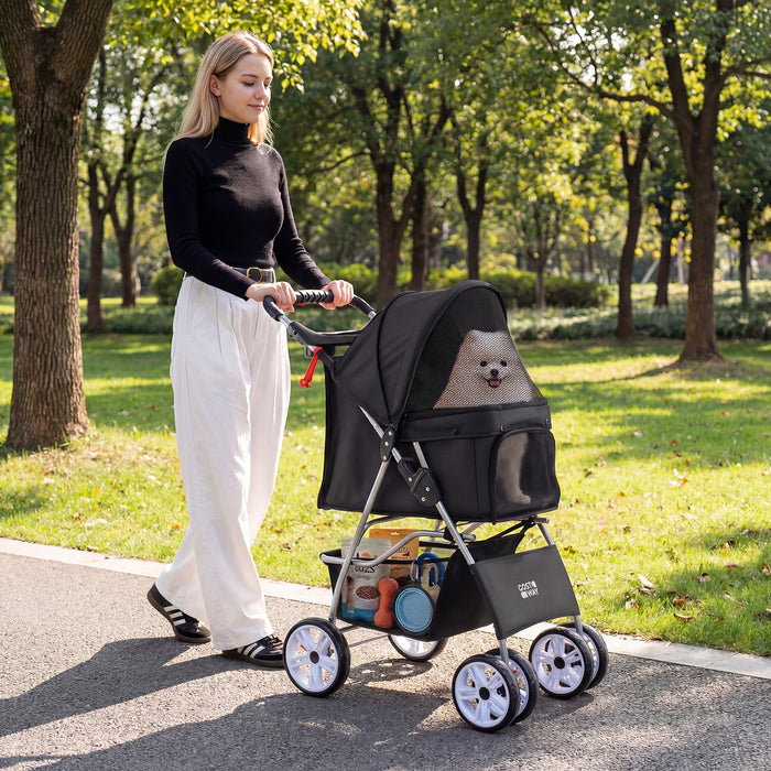 4-Wheel Pet Foldable Stroller with Breathable Mesh for Small Dogs Cats up to 15 KG-