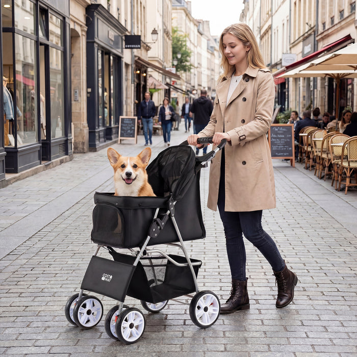 4-Wheel Pet Foldable Stroller with Breathable Mesh for Small Dogs Cats up to 15 KG-