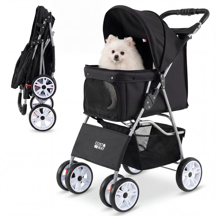 4-Wheel Pet Foldable Stroller with Breathable Mesh for Small Dogs Cats up to 15 KG-
