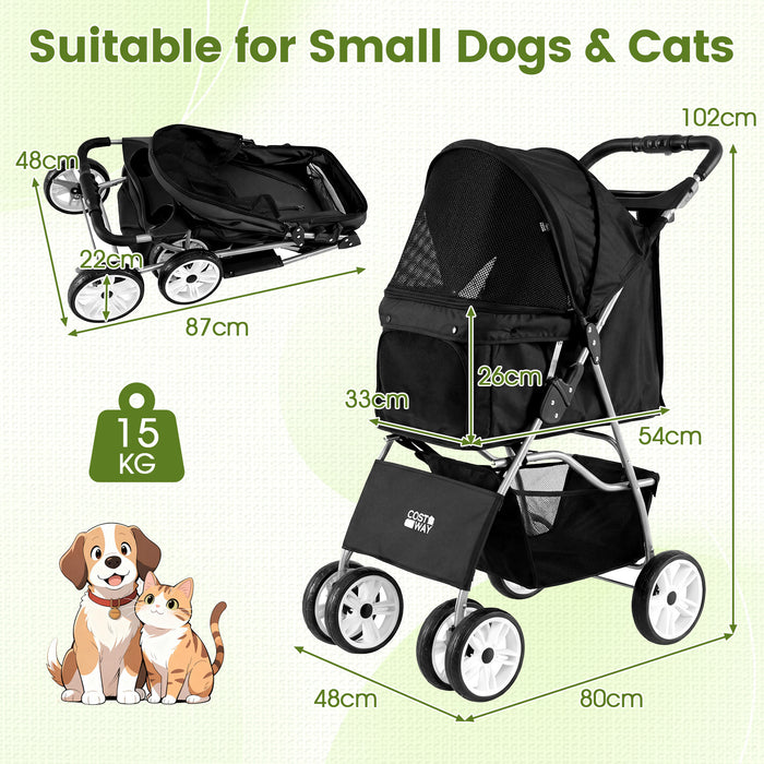 4-Wheel Pet Foldable Stroller with Breathable Mesh for Small Dogs Cats up to 15 KG-