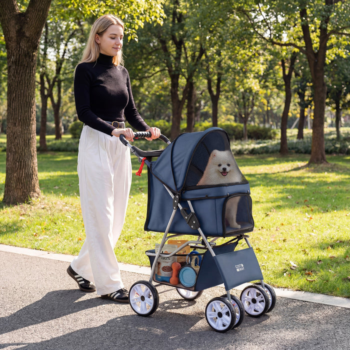 4-Wheel Pet Foldable Stroller with Breathable Mesh for Small Dogs Cats up to 15 KG-