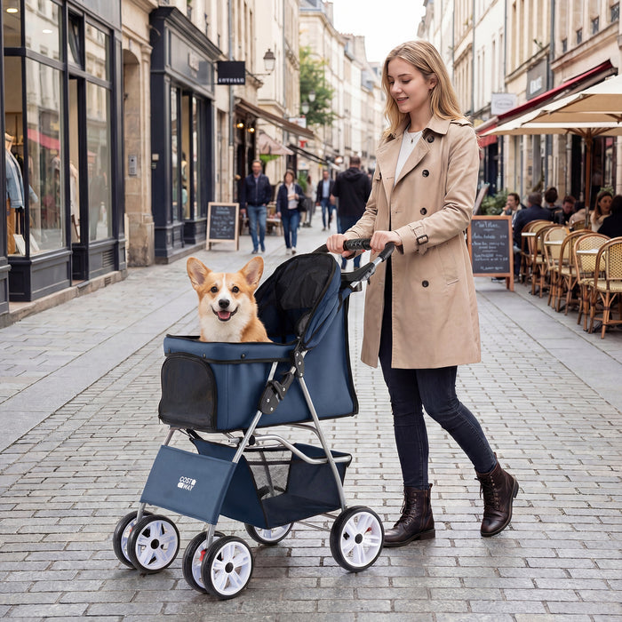 4-Wheel Pet Foldable Stroller with Breathable Mesh for Small Dogs Cats up to 15 KG-