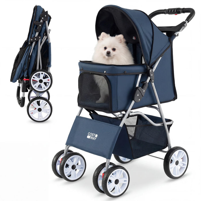 4-Wheel Pet Foldable Stroller with Breathable Mesh for Small Dogs Cats up to 15 KG-