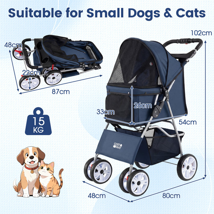 4-Wheel Pet Foldable Stroller with Breathable Mesh for Small Dogs Cats up to 15 KG-