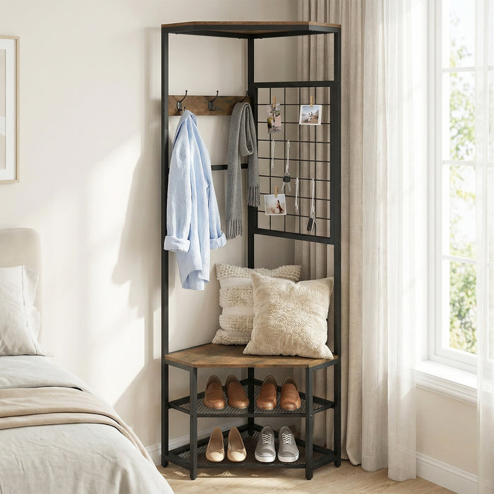 4-in-1 Freestanding Coat Rack with Storage Shelves Removable Hooks and Shoe Racks-Rustic Brown