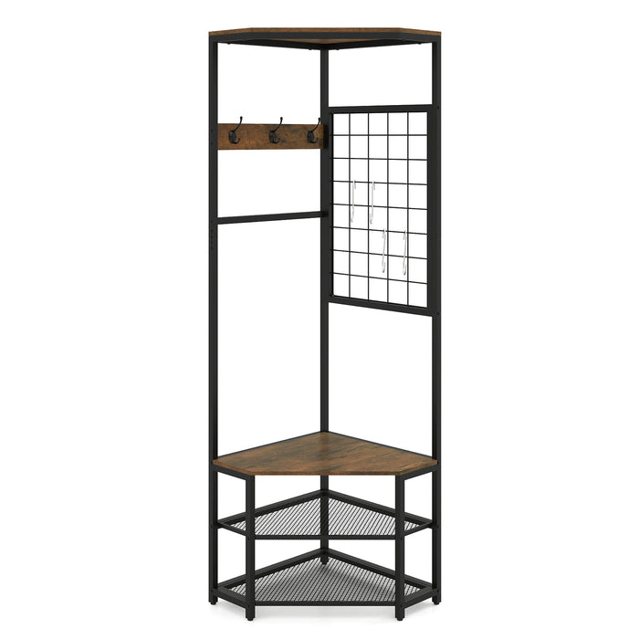 4-in-1 Freestanding Coat Rack with Storage Shelves Removable Hooks and Shoe Racks-Rustic Brown