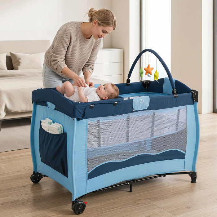 4 in 1 Pack and Play Foldable and Portable Baby Playard with Diaper Changing Table and 3 Hanging Toys-