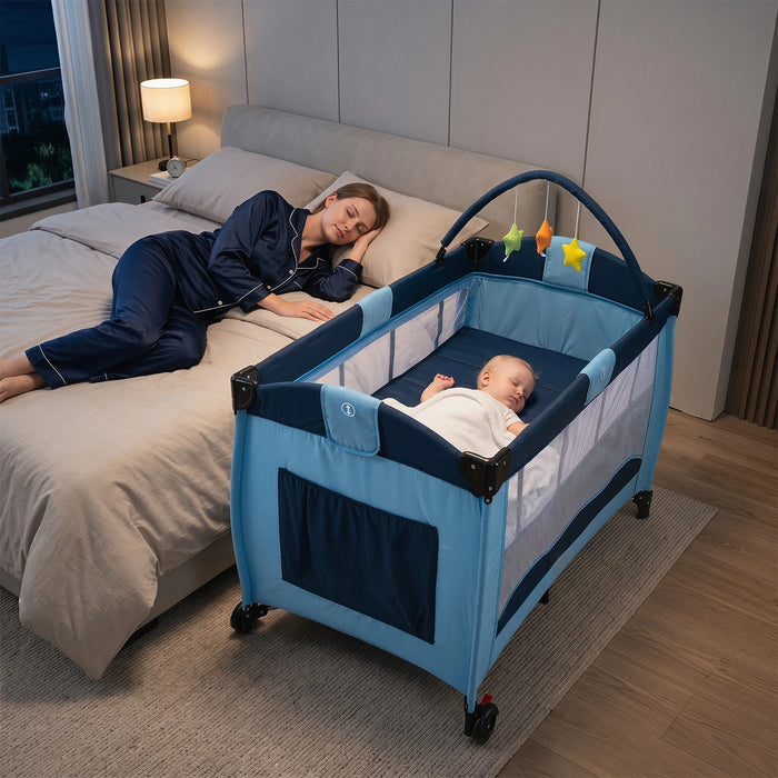 4 in 1 Pack and Play Foldable and Portable Baby Playard with Diaper Changing Table and 3 Hanging Toys-