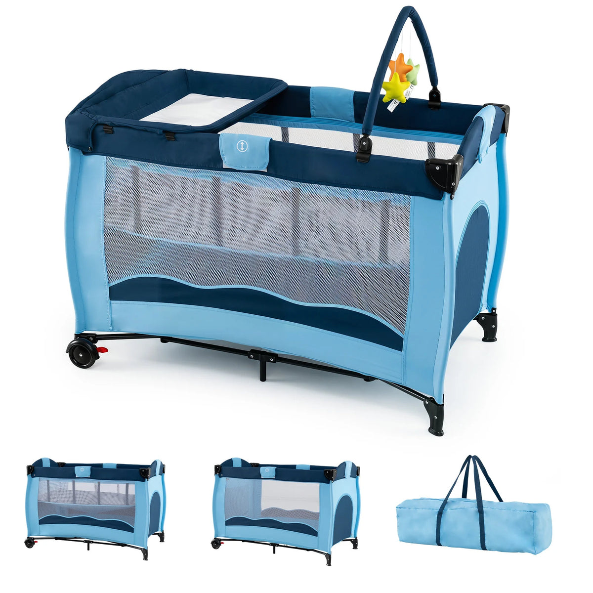 4 in 1 Pack and Play Foldable and Portable Baby Playard with Diaper Changing Table and 3 Hanging Toys-