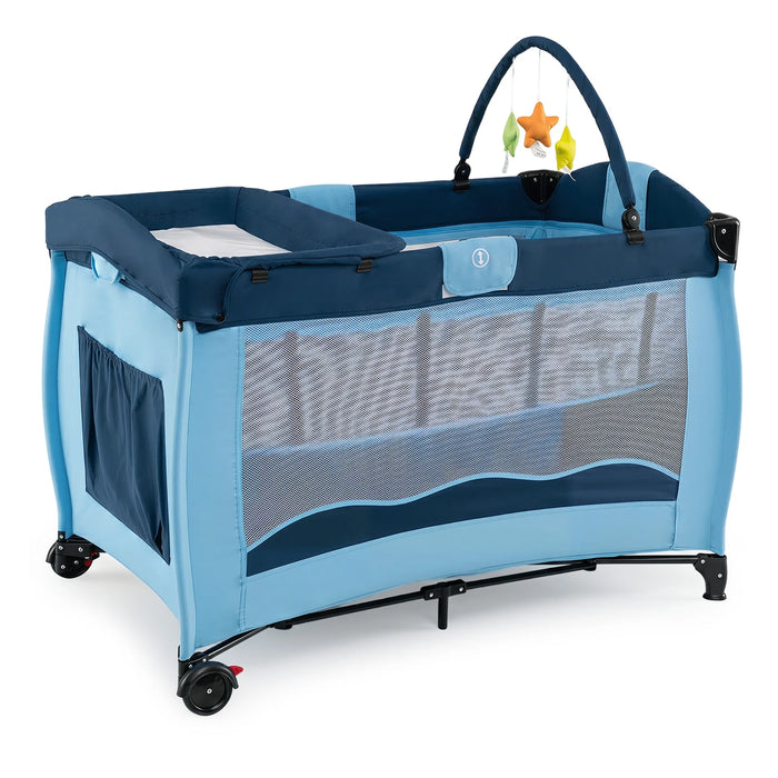 4 in 1 Pack and Play Foldable and Portable Baby Playard with Diaper Changing Table and 3 Hanging Toys-
