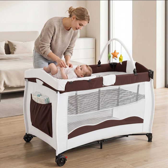 4 in 1 Pack and Play Foldable and Portable Baby Playard with Diaper Changing Table and 3 Hanging Toys-