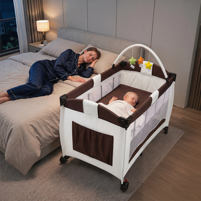 4 in 1 Pack and Play Foldable and Portable Baby Playard with Diaper Changing Table and 3 Hanging Toys-