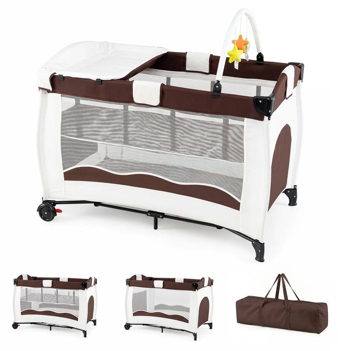 4 in 1 Pack and Play Foldable and Portable Baby Playard with Diaper Changing Table and 3 Hanging Toys-