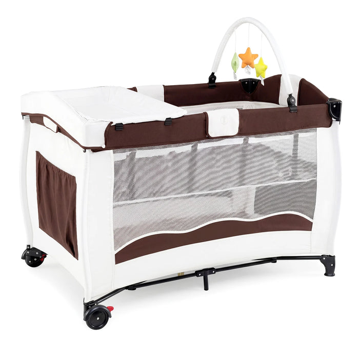 4 in 1 Pack and Play Foldable and Portable Baby Playard with Diaper Changing Table and 3 Hanging Toys-