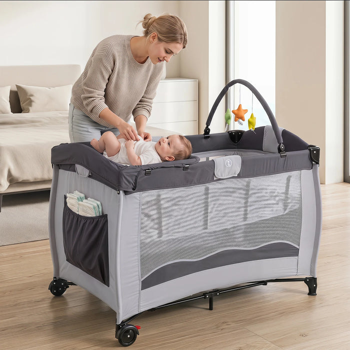 4 in 1 Pack and Play Foldable and Portable Baby Playard with Diaper Changing Table and 3 Hanging Toys-