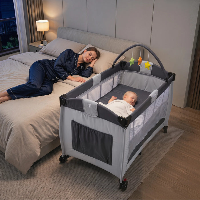 4 in 1 Pack and Play Foldable and Portable Baby Playard with Diaper Changing Table and 3 Hanging Toys-
