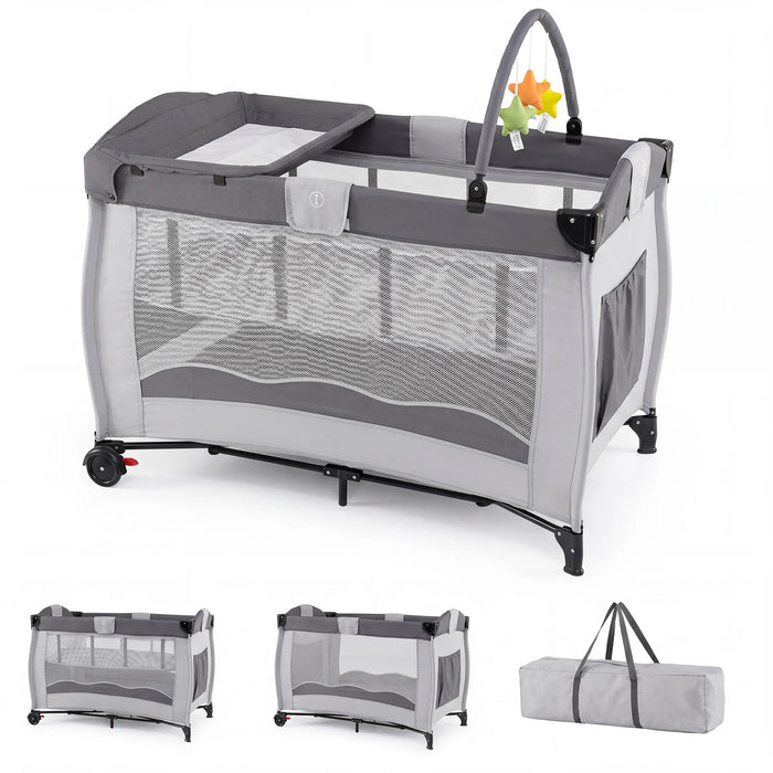 4 in 1 Pack and Play Foldable and Portable Baby Playard with Diaper Changing Table and 3 Hanging Toys-