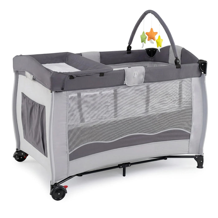 4 in 1 Pack and Play Foldable and Portable Baby Playard with Diaper Changing Table and 3 Hanging Toys-