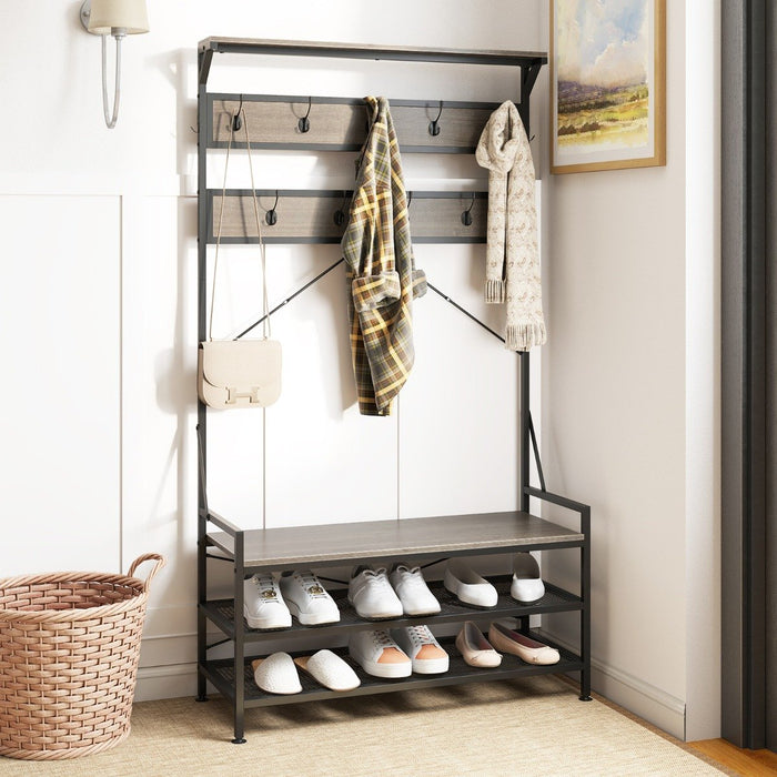 4-In-1 Coat Rack with 11 Hanging Hooks and Shoe Bench for Mudroom-Rustic Brown