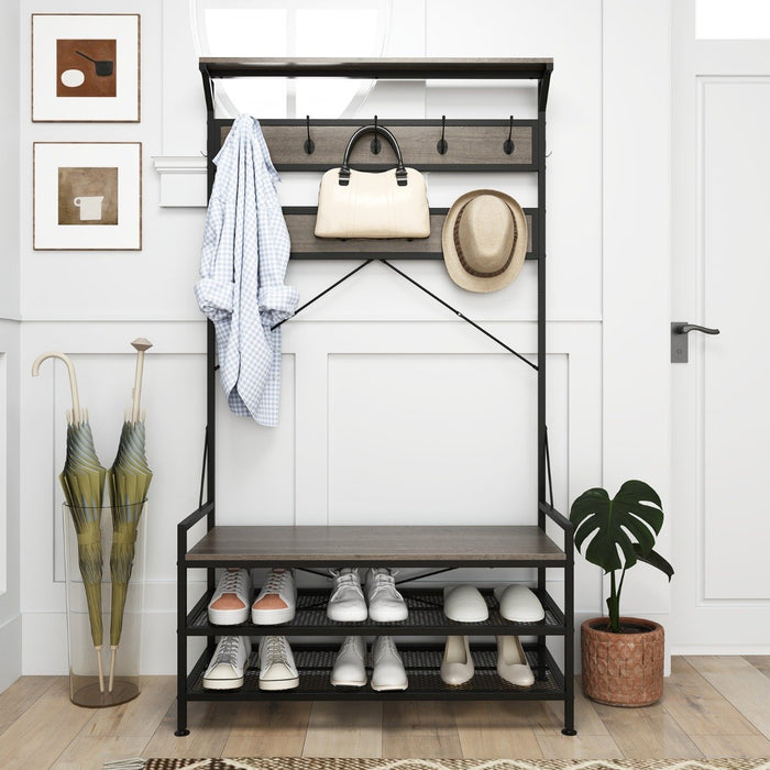 4-In-1 Coat Rack with 11 Hanging Hooks and Shoe Bench for Mudroom-Rustic Brown