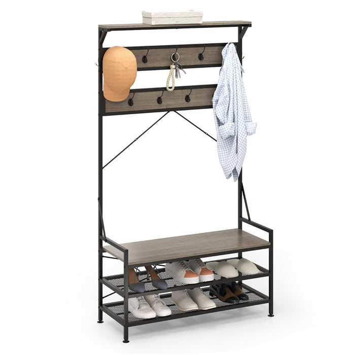 4-In-1 Coat Rack with 11 Hanging Hooks and Shoe Bench for Mudroom-Rustic Brown