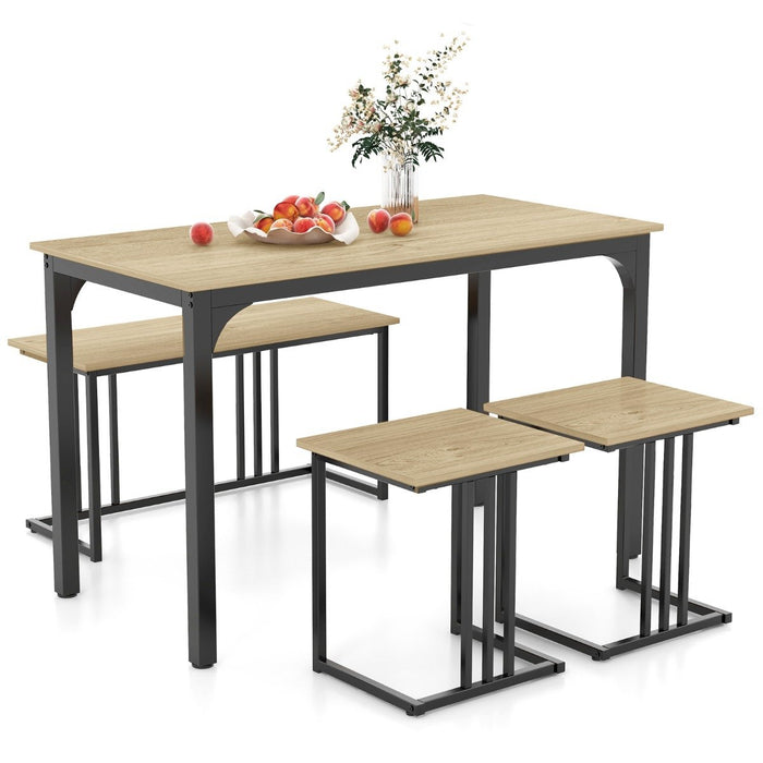 4-Piece Dining Table Set with Bench and 2 Stools for 4 Persons-