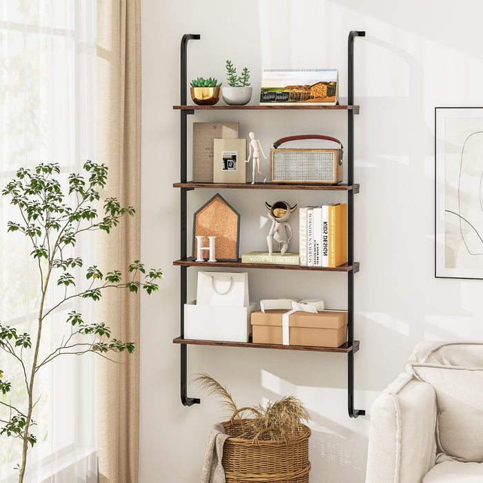 4-Tier Wall Mounted Industrial Pipe Shelving Wood Floating Shelves-Rustic Brown