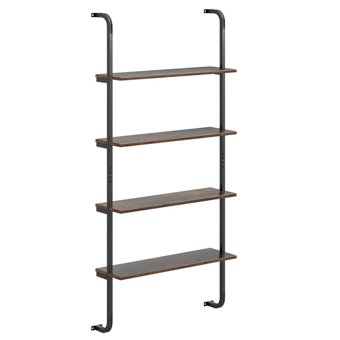 4-Tier Wall Mounted Industrial Pipe Shelving Wood Floating Shelves-Rustic Brown