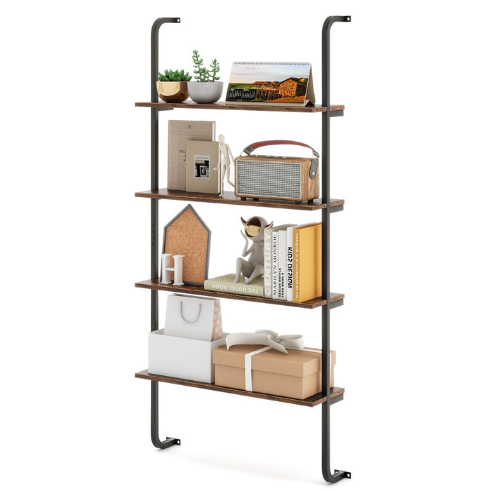 4-Tier Wall Mounted Industrial Pipe Shelving Wood Floating Shelves-Rustic Brown