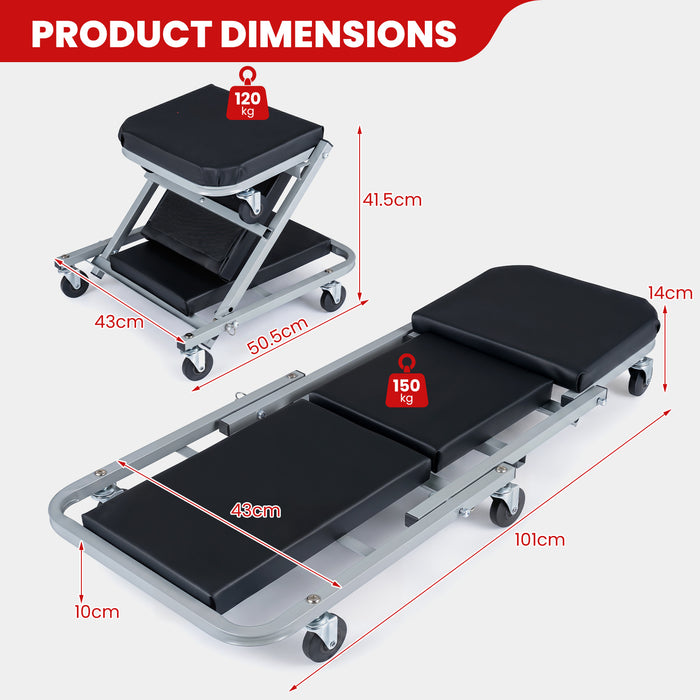40" 2-in-1 Mechanic Creeper & Z-Seat with 6 Swivel Casters-
