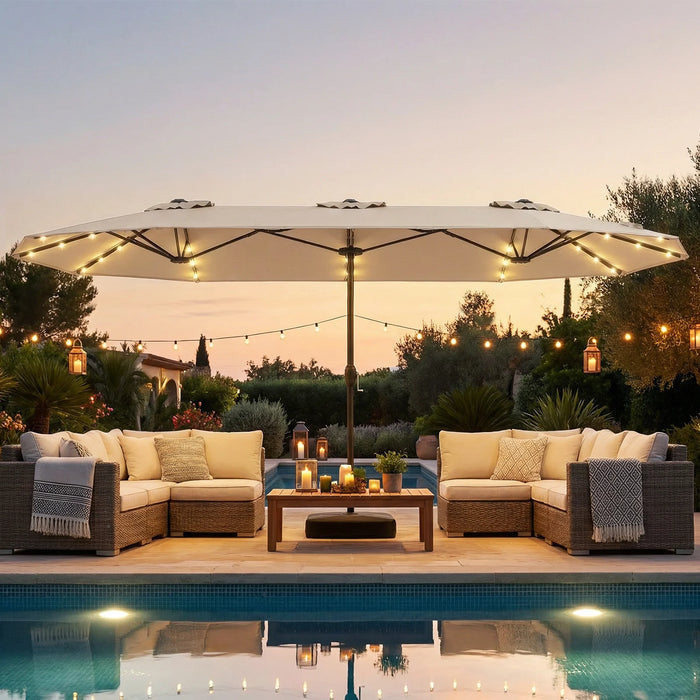 405 cm Double-Sided Patio Umbrella with Solar Lights and Crank-Tan