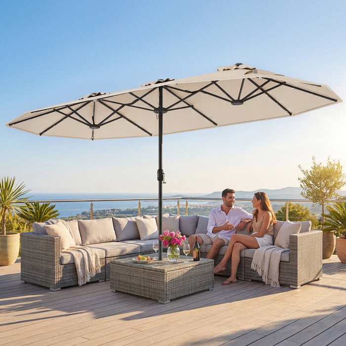 405 cm Double-Sided Patio Umbrella with Solar Lights and Crank-Tan