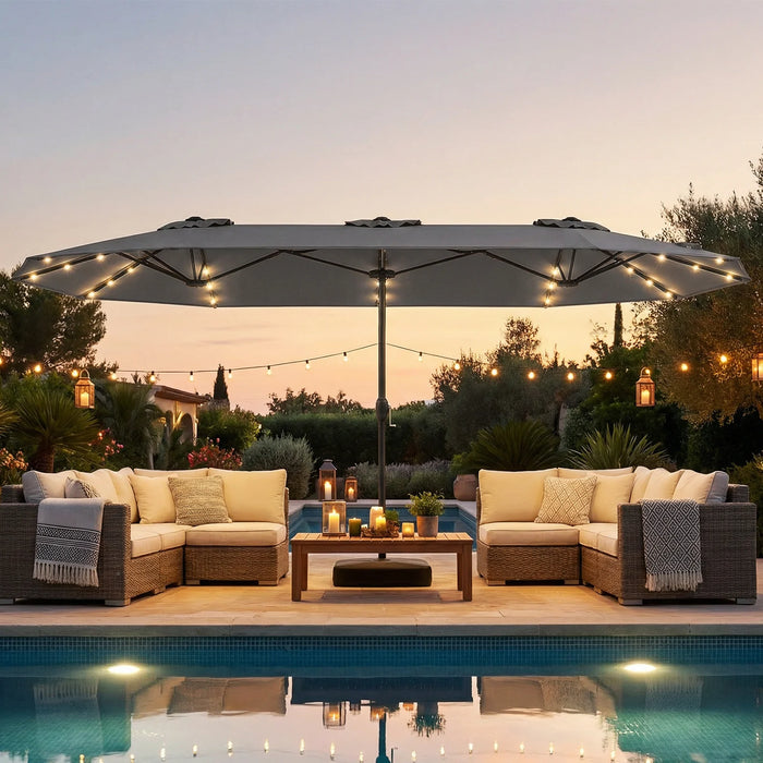 405 cm Double-Sided Patio Umbrella with Solar Lights and Crank-Tan