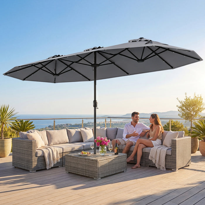 405 cm Double-Sided Patio Umbrella with Solar Lights and Crank-Tan