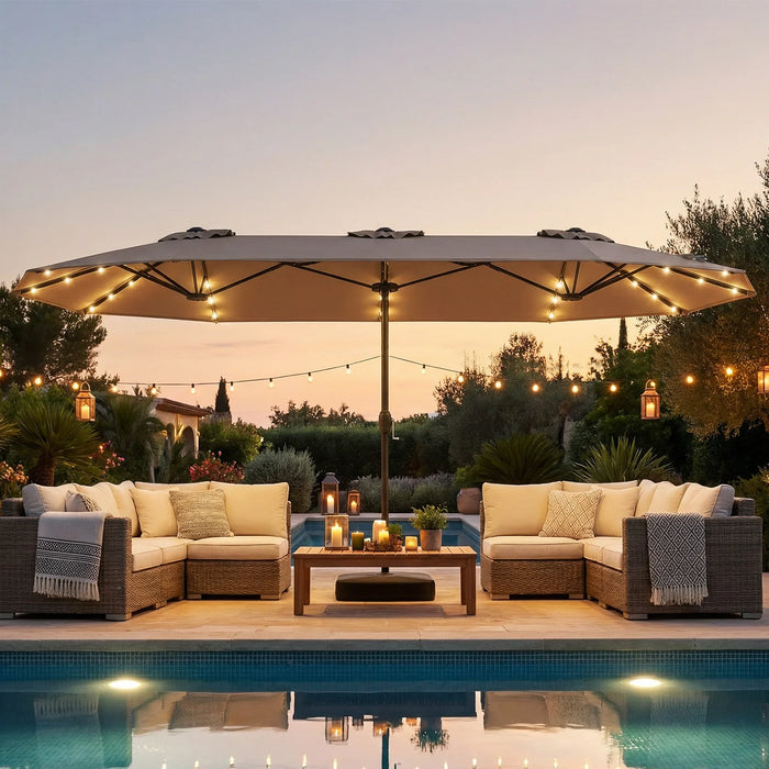 405 cm Double-Sided Patio Umbrella with Solar Lights and Crank-Tan