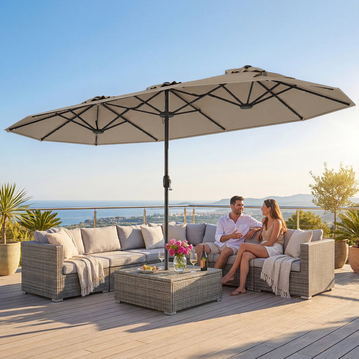 405 cm Double-Sided Patio Umbrella with Solar Lights and Crank-Tan