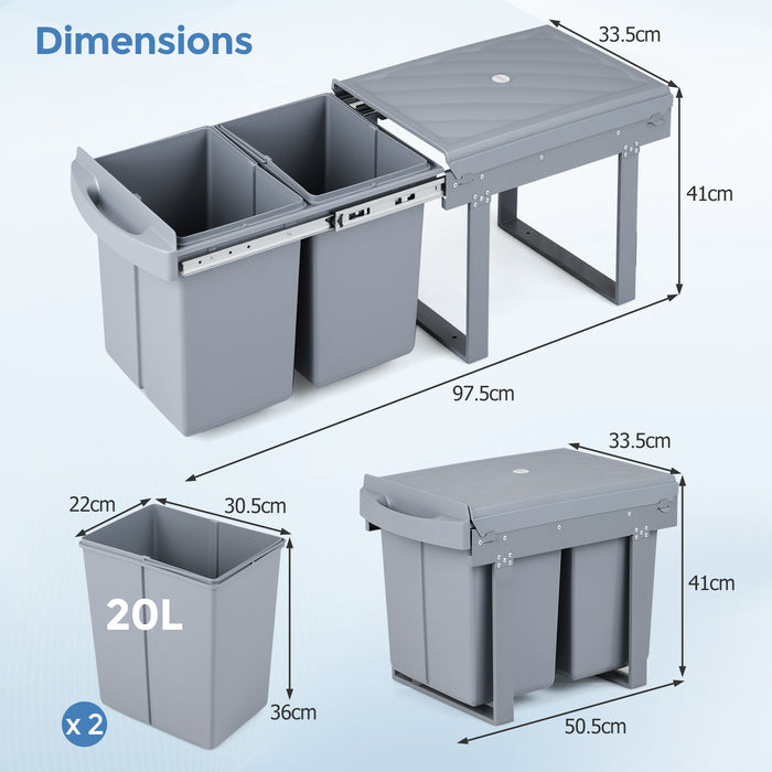 40L Built-in Pull Out Trash Can Under Cabinet Under Sink-