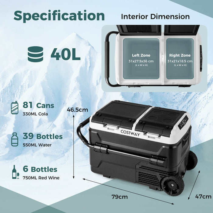 40L Portable Car Refrigerator Dual Zone 12V Compressor Fridge Freezer-