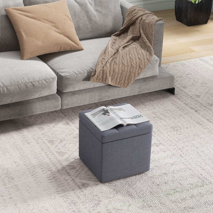 40 cm Square Storage Ottoman Linen Fabric Footstool with Lid-