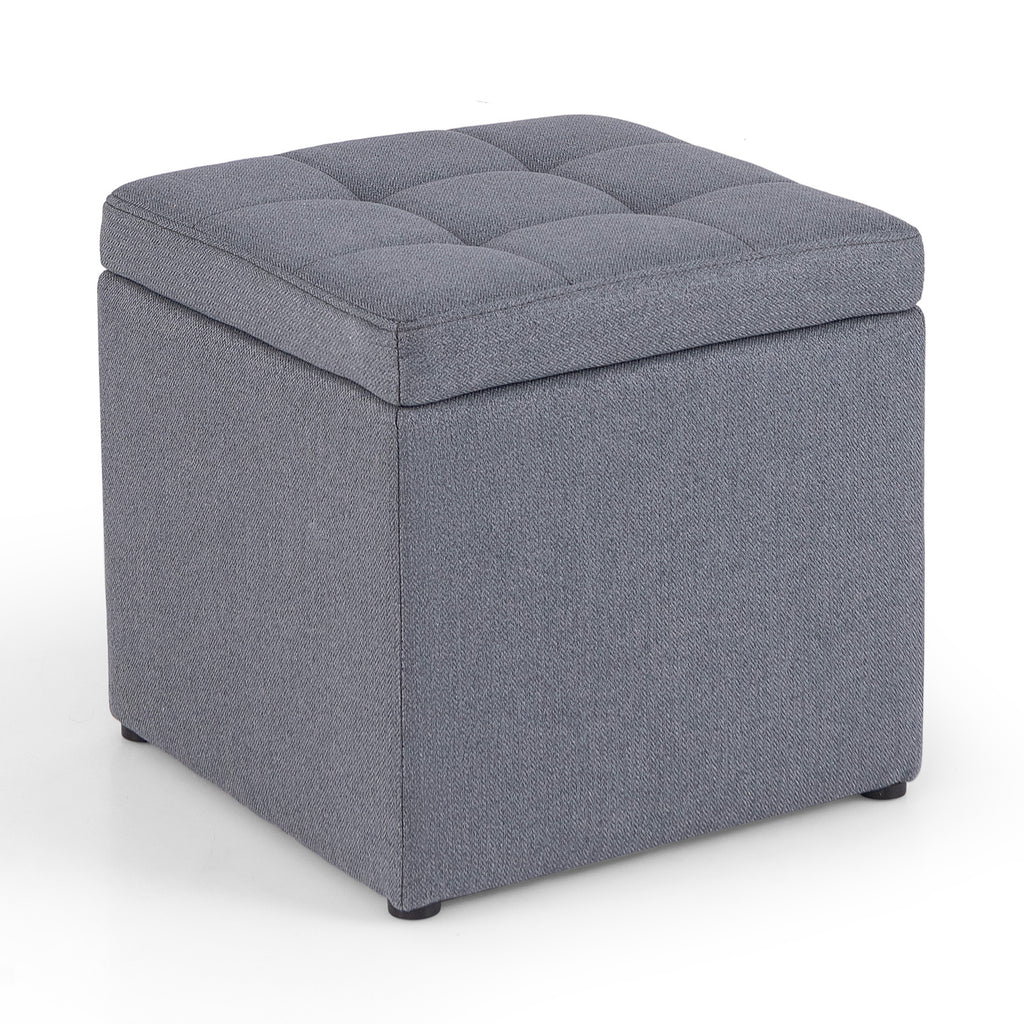 40 cm Square Storage Ottoman Linen Fabric Footstool with Lid-