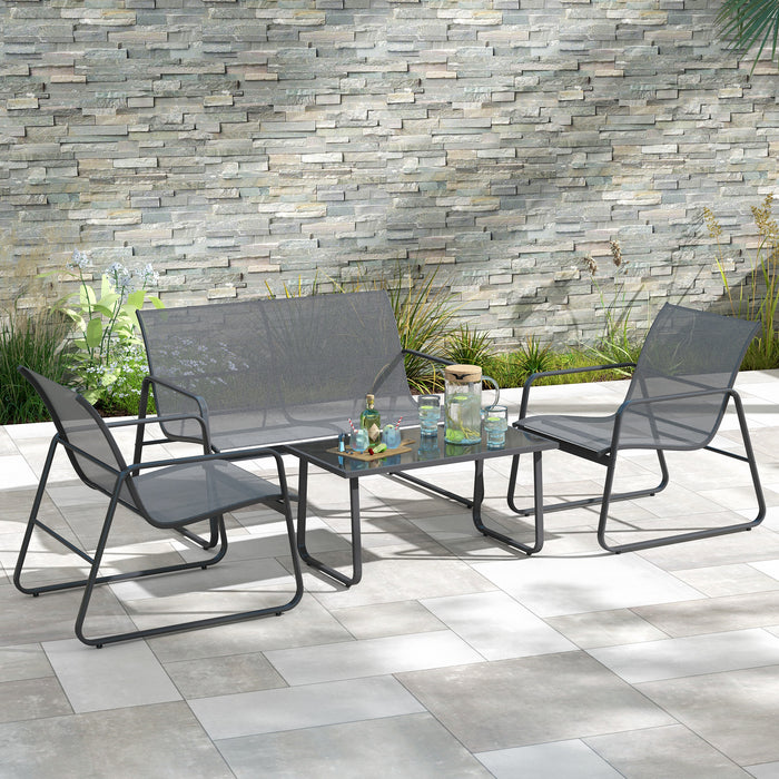 Outsunny 4 Piece Garden Furniture Set Outdoor Patio Sofa Set with Double Chair, Single Chairs and Glass Top Table for Terrace and Balcony, Light Grey