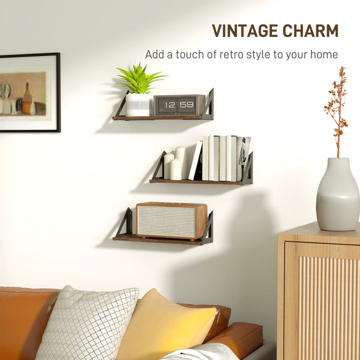 HOMCOM Set of 3 Wall Mounted Floating Shelves, Vintage Wall Shelves for Living Room, Entryway, Bedroom, Rustic Brown