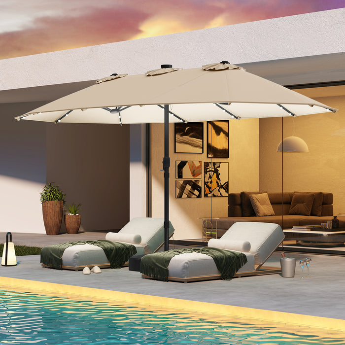 440 cm Extra-Large Patio Umbrella with LED Solar Lights and Base for Garden Deck Lawn Pool Backyard-Beige