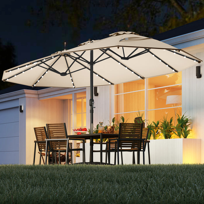 440 cm Extra-Large Patio Umbrella with LED Solar Lights and Base for Garden Deck Lawn Pool Backyard-Beige