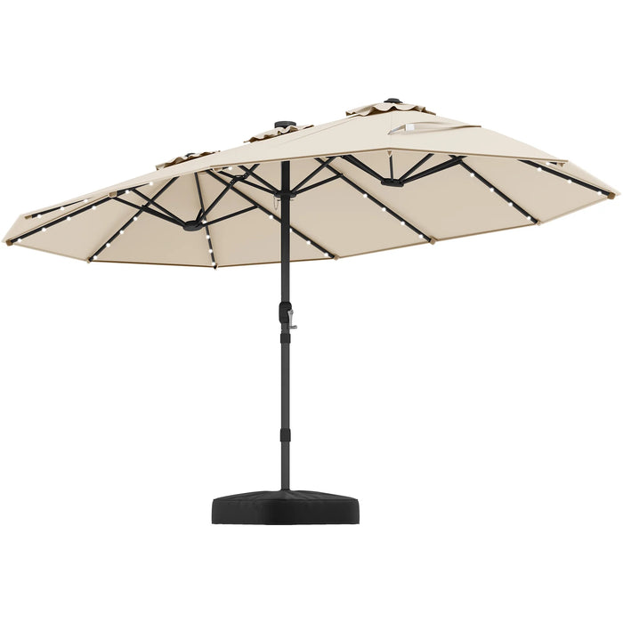 440 cm Extra-Large Patio Umbrella with LED Solar Lights and Base for Garden Deck Lawn Pool Backyard-Beige