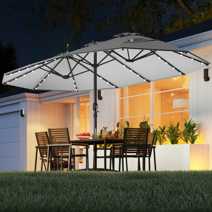 440 cm Extra-Large Patio Umbrella with LED Solar Lights and Base for Garden Deck Lawn Pool Backyard-Beige
