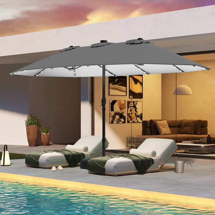 440 cm Extra-Large Patio Umbrella with LED Solar Lights and Base for Garden Deck Lawn Pool Backyard-Beige