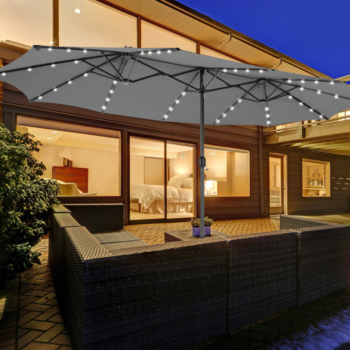 445 cm Twin Patio Umbrella Double-Sided Umbrella with 48 LED Lights-Beige